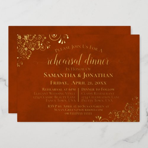 Gold Lace on Rust Orange Wedding Rehearsal Dinner Foil Invitation