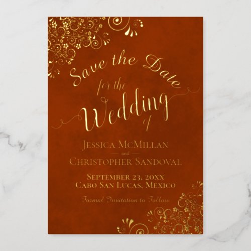 Gold Lace on Rust Orange Wedding Save the Date Foil Invitation