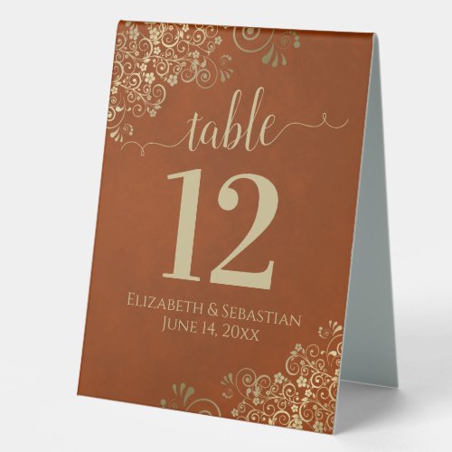 Gold Lace on Rust Orange Wedding Table Number Table Tent Sign