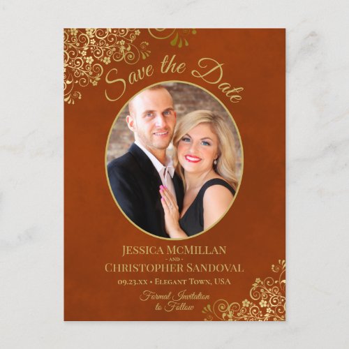 Gold Lace on Rust Wedding Save the Date Oval Photo Announcement Postcard