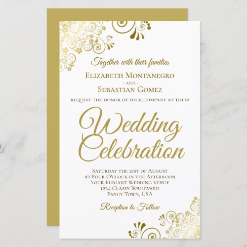 Gold Lace on White BUDGET Wedding Invitation Large