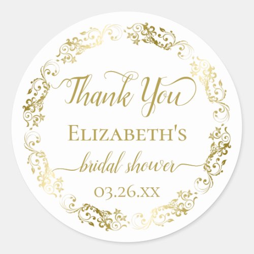 Gold Lace on White Elegant Bridal Shower Thank You Classic Round Sticker