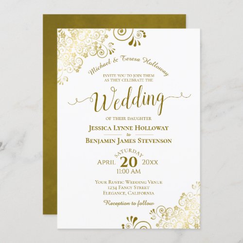 Gold Lace on White Elegant Formal Wedding Invitation