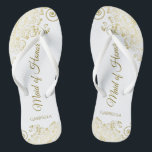Gold Lace on White Elegant Maid of Honor Wedding Flip Flops<br><div class="desc">These beautiful wedding flip flops are a great way to thank and recognize your Maid of Honor while saving her feet at the same time. Features an elegant design with golden lace frills on a white background and fancy gold colored script lettering. The test reads Maid of Honor with her...</div>