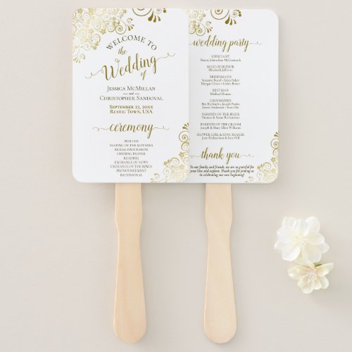 Gold Lace on White Elegant Wedding Program Hand Fan