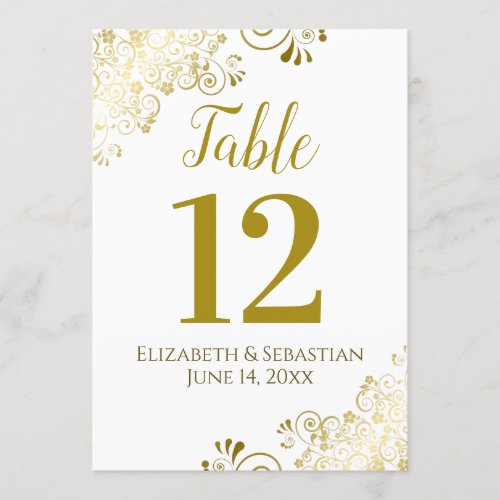 Gold Lace on White Large Wedding Table Number