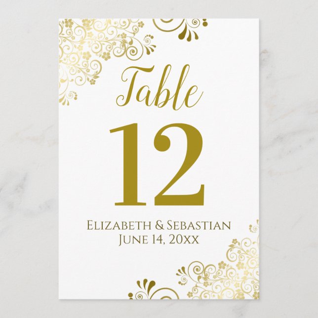 Gold Lace on White Large Wedding Table Number (Front)