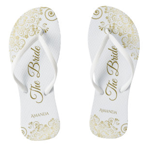 Gold Lace on White The Bride Elegant Wedding Flip Flops