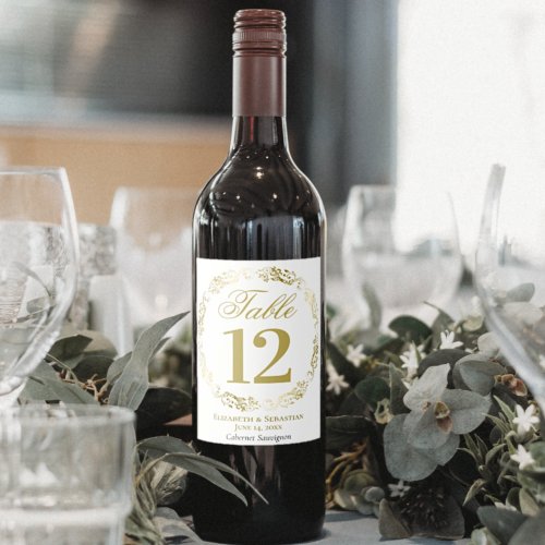 Gold Lace on White Wedding Table Number Wine Label