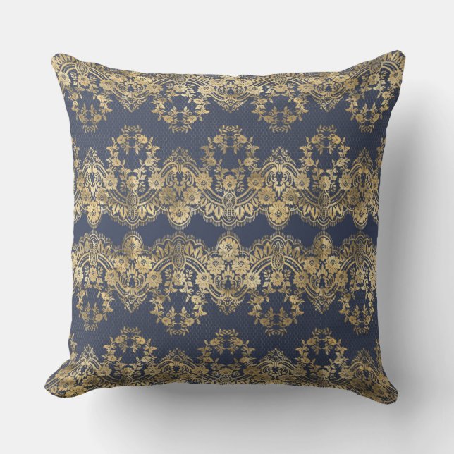 Gold lace,pattern,dark blue,elegant, pattern,chic, throw pillow (Front)