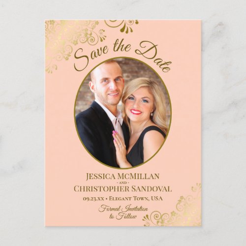 Gold Lace  Peach Wedding Save the Date Oval Photo Announcement Postcard