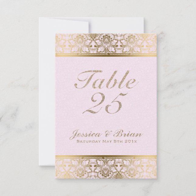 Gold Lace & Pink Wedding Table Number (Front)