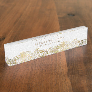 Gold Lace Plush White Damasks Background Name Plate