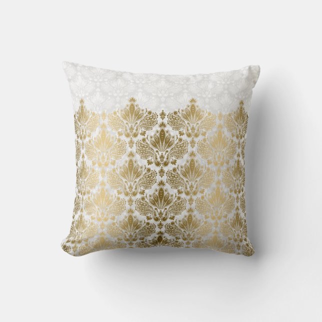 Gold Lace Plush White Damasks Background Throw Pillow (Front)