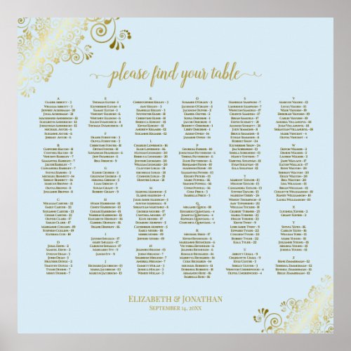 Gold Lace Powder Blue Alphabetical Seating Chart