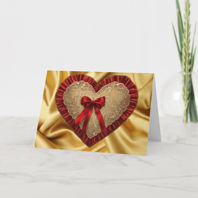 Gold Lace Red Ribbon Valentine's Day Heart Card (Front)