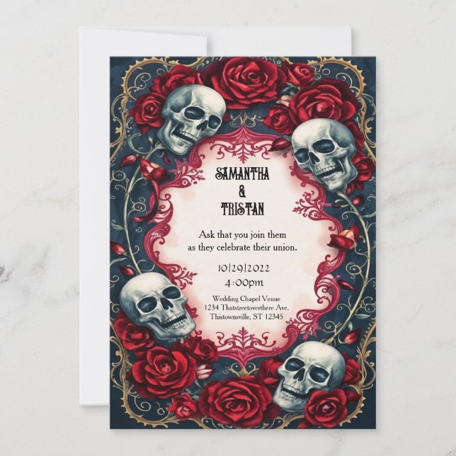 Gold Lace Roses Skulls Gothic Wedding Invitation (Front)