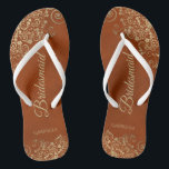 Gold Lace & Rust Orange Elegant Bridesmaid Wedding Flip Flops<br><div class="desc">These elegant wedding flip flops are a great way to thank and recognize your bridesmaids, while giving their feet a rest after a long day. The beautiful design features an elegant design with golden lace frills on a rust orange colored background and fancy gold colored script lettering. The text reads...</div>