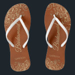 Gold Lace & Rust Orange Elegant Bridesmaid Wedding Flip Flops<br><div class="desc">These elegant wedding flip flops are a great way to thank and recognize your bridesmaids, while giving their feet a rest after a long day. The beautiful design features an elegant design with golden lace frills on a rust orange colored background and fancy gold colored script lettering. The text reads...</div>