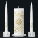 Gold Lace Shabbat Candle Set Add Your Initials<br><div class="desc">A beautiful Shabbat Candle set for a couple on their Wedding or Anniversary.  Personalize the taper candles with the couple's initials.  The large pillar candle features a gold mandala with a Star of David in the center.</div>