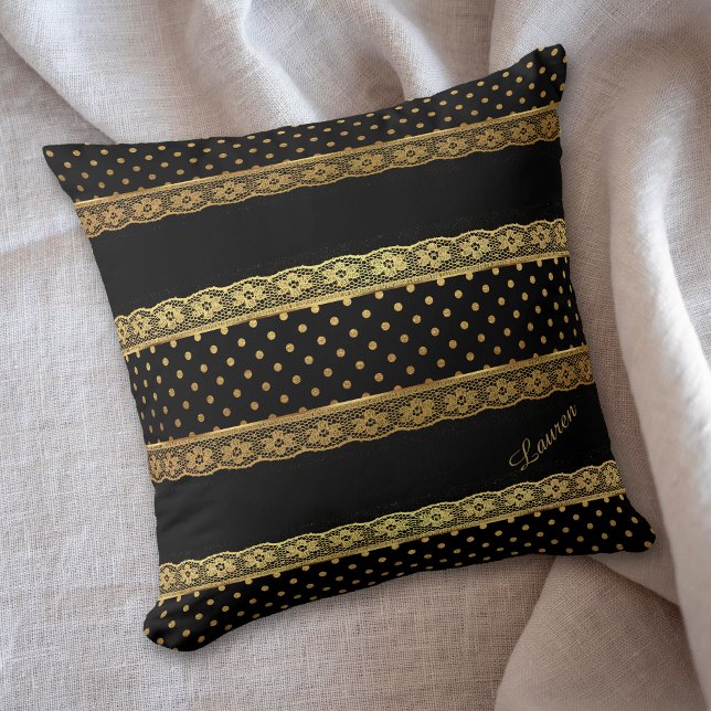 Gold Lace Stripe Polkadot Black Throw Pillow (Creator Uploaded)