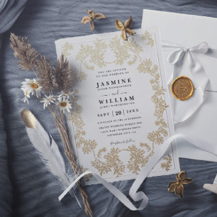 Gold Lace Vintage Classic Elegant QR Code Wedding Invitation