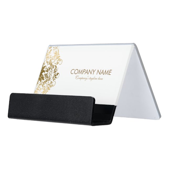 Gold Lace White Background Desk Business Card Holder (Angled Front)