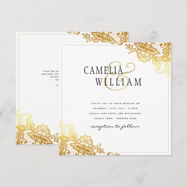 Gold Lace White Wedding Invitation Classic Elegant (Front/Back)