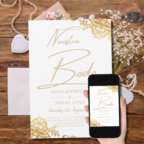 Gold Lace White Wedding Invitation Classic Elegant