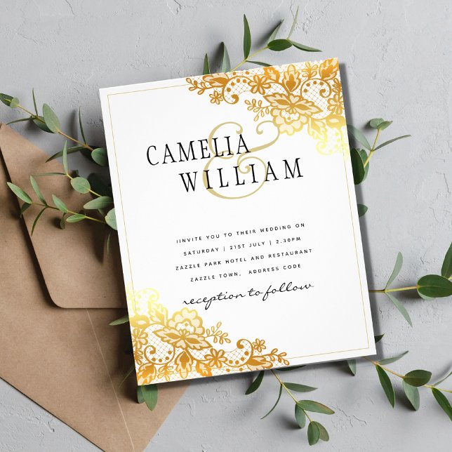Gold Lace White Wedding Invitation Classic Elegant Flyer (Creator Uploaded)