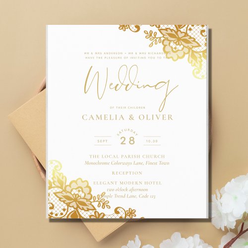 Gold Lace White Wedding Invitation Elegant Classic Flyer