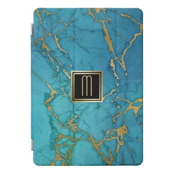 Gold Laced Blue Faux Marble Monogram Ipad Pro Cover by MegaCase at Zazzle