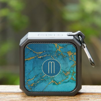 Gold Laced Blue Marble Monogram Bluetooth Speaker by MegaCase at Zazzle