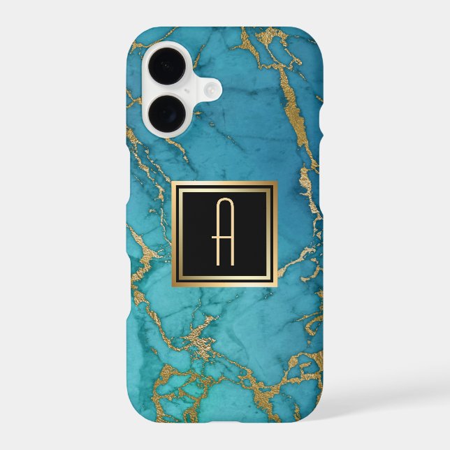 Gold Laced Blue Marble Monogram Iphone Case (Back)
