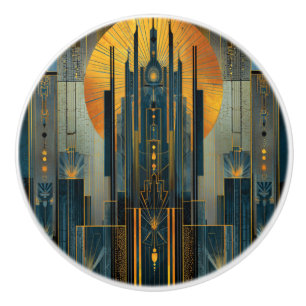Gold Laced Midnight Art Deco Skyscraper Ceramic Knob