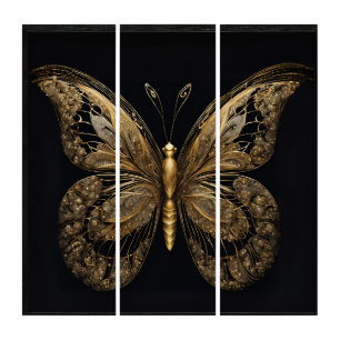 Gold Lacey Butterfly on Black Triptych