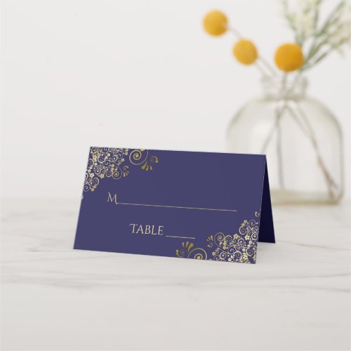 Gold Lacy Filigree on Navy Blue Wedding Write_In Place Card