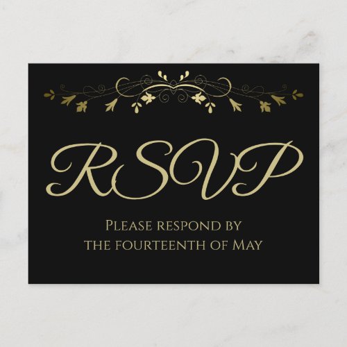 Gold Lacy Flourish on Black Elegant Wedding RSVP Postcard