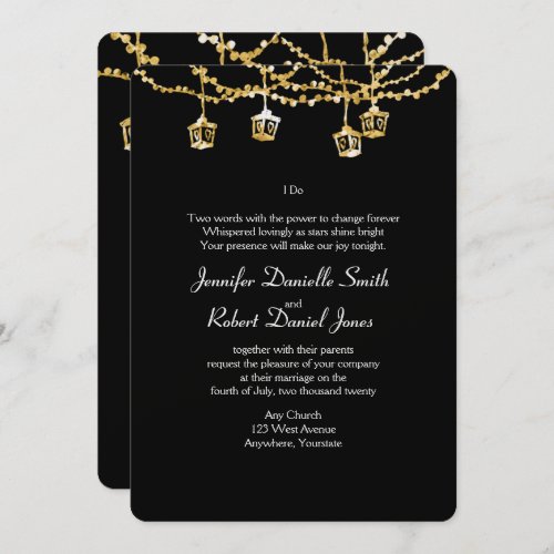 Gold Lantern Lights on Black Wedding Invitation