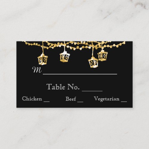 Gold Lantern Lights on Black Wedding Place Cards