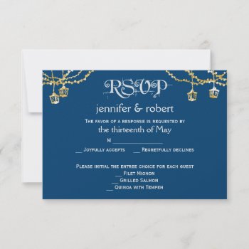 Gold Lantern Lights On Blue Wedding Response Card by NoteableExpressions at Zazzle