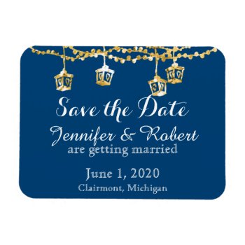 Gold Lantern Lights On Blue Wedding Save The Date Magnet by NoteableExpressions at Zazzle