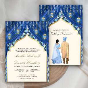 Gold Lanterns Blue Indian Couple Wedding Invitation