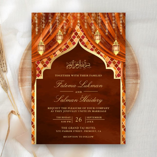Gold Lanterns Burnt Orange Curtain Muslim Wedding Invitation (Creator Uploaded)