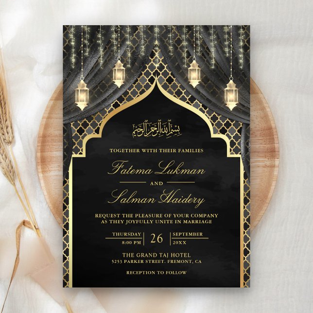 Gold Lanterns Dark Grey Curtain Muslim Wedding Invitation (Creator Uploaded)