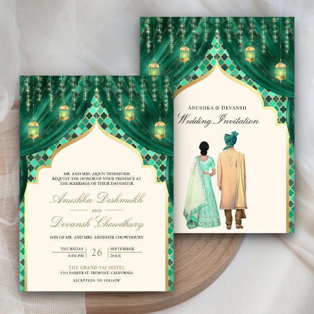 Gold Lanterns Emerald Green Indian Couple Wedding Invitation (Creator Uploaded)