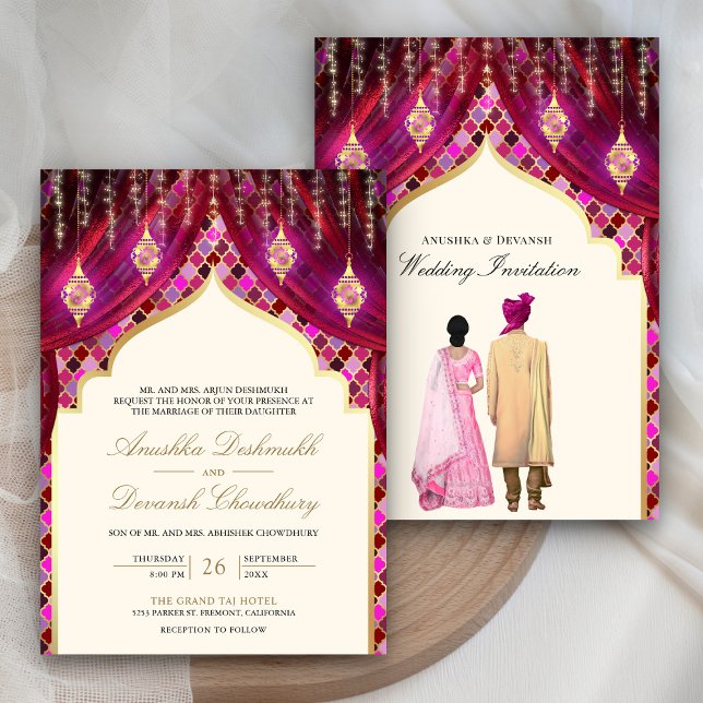 Gold Lanterns Magenta Pink Indian Couple Wedding Invitation (Creator Uploaded)