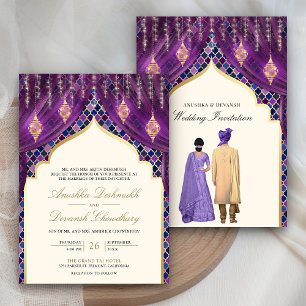 Gold Lanterns Purple Indian Couple Wedding Invitation