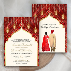 Gold Lanterns Red Indian Couple Wedding Invitation
