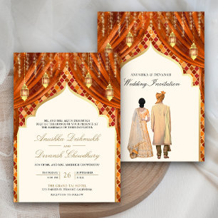 Gold Lanterns Rust Orange Indian Couple Wedding Invitation